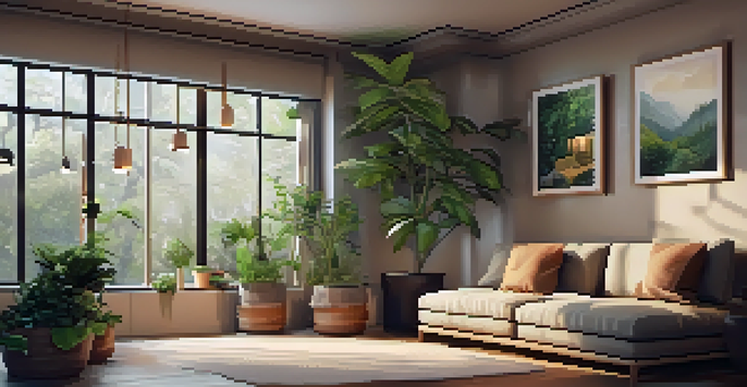 A cozy relaxation corner with cushions, dim lighting, a sound machine, and nature-themed decor.