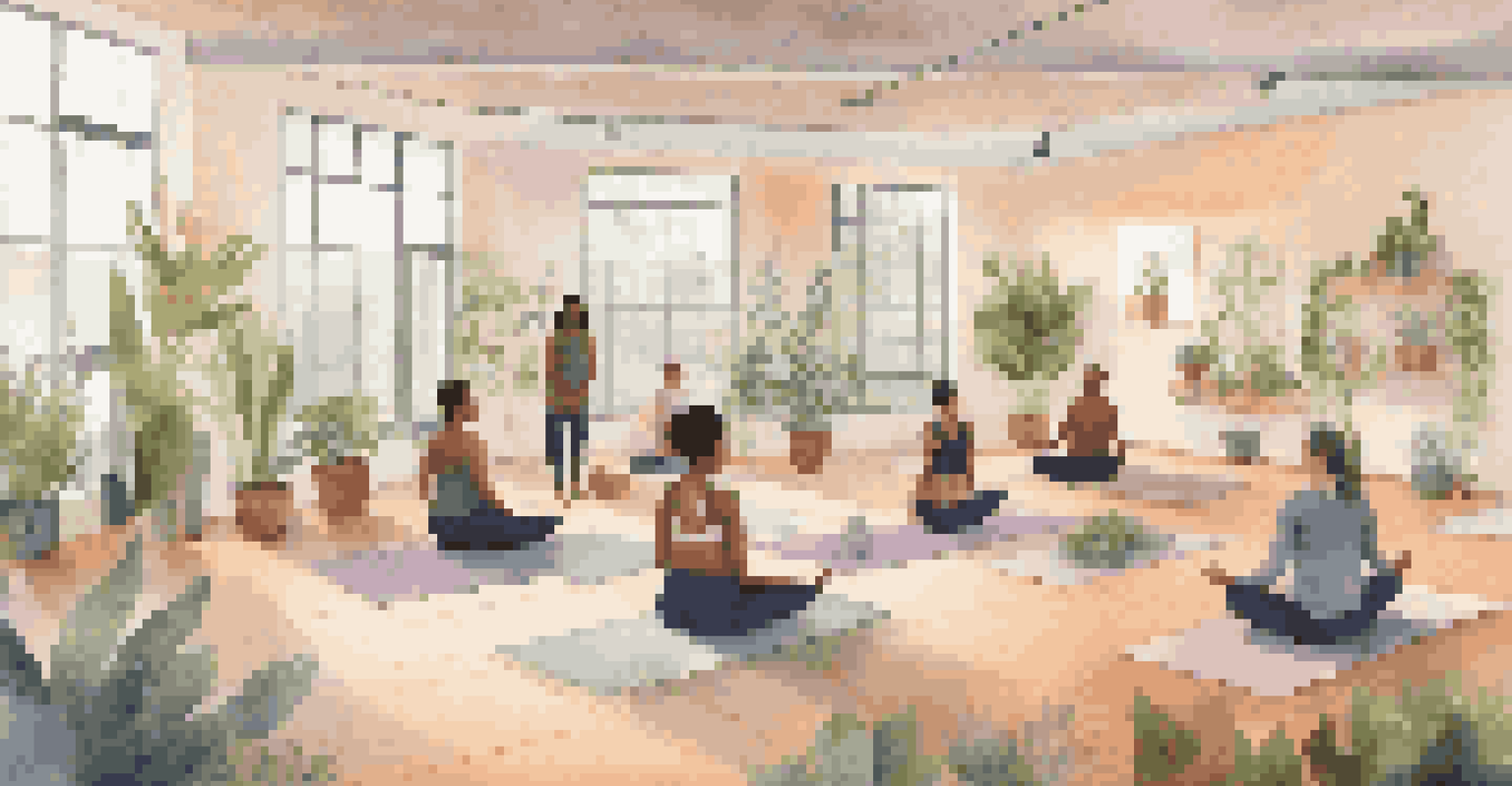 A bright community center room with people engaging in a wellness workshop, surrounded by plants and inspirational decor.