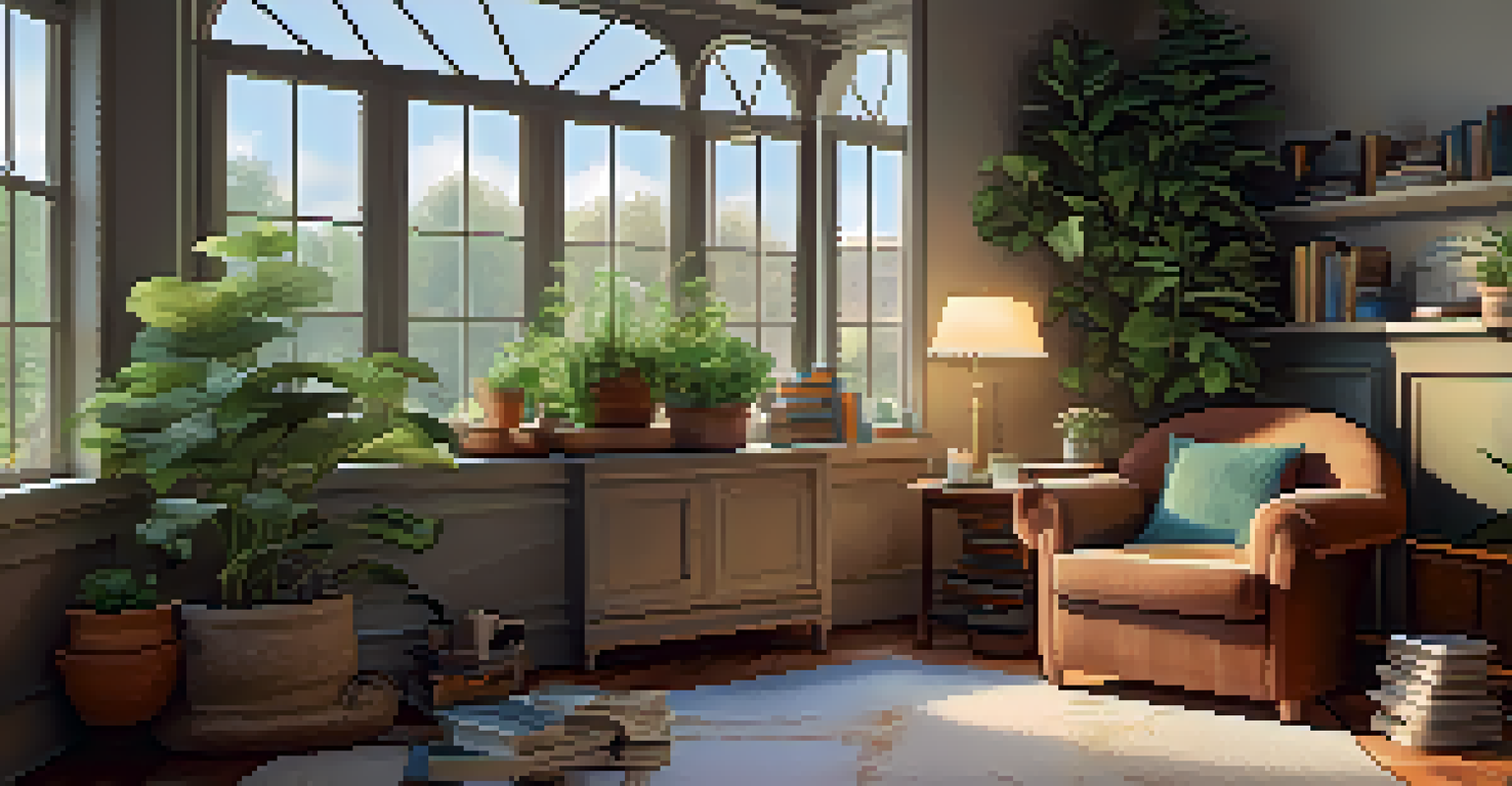A cozy nook with an armchair, tea, plants, and a bookshelf, filled with natural light.