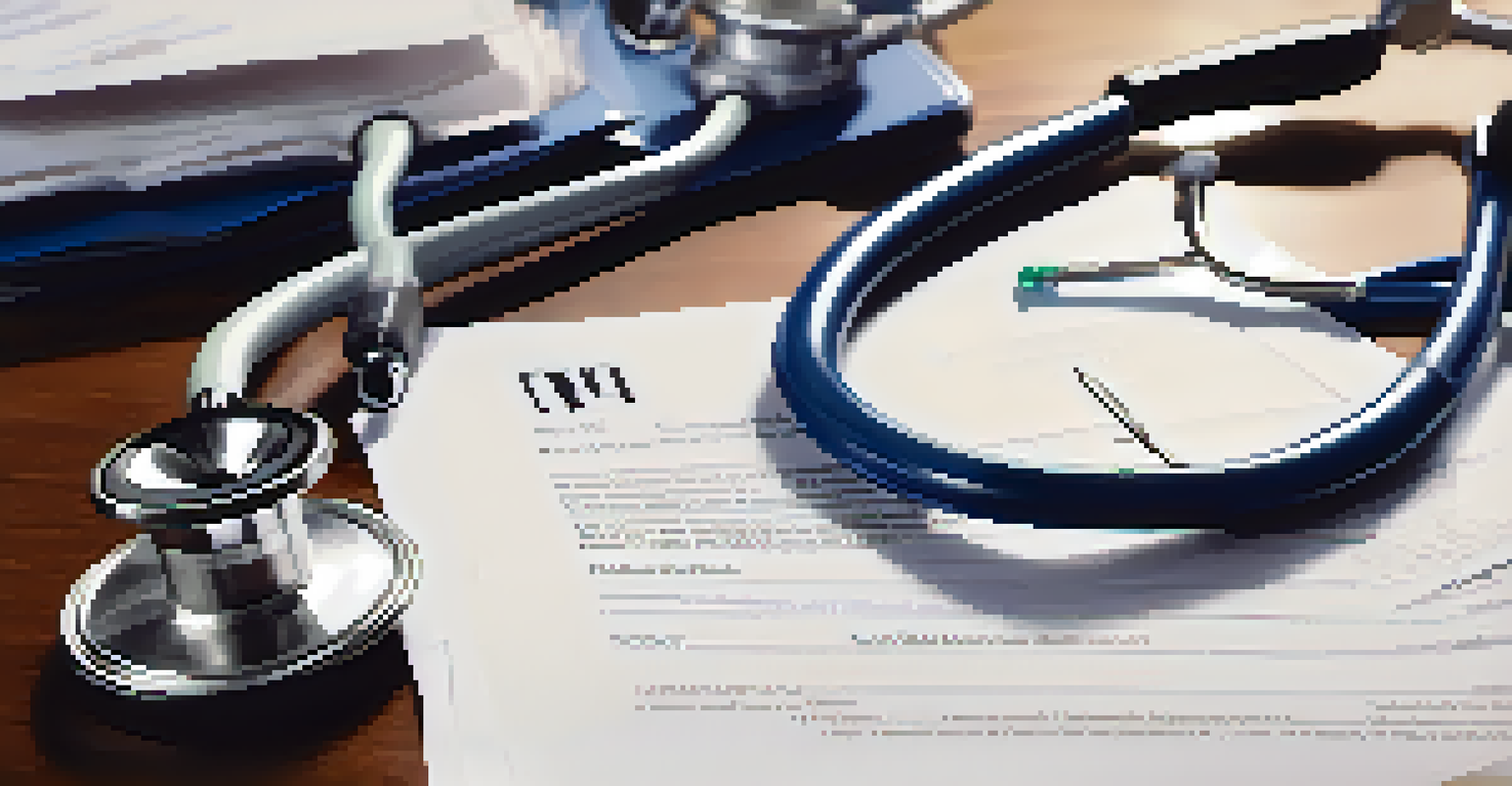 Close-up of a stethoscope and medical documents on a desk, with a doctor and patient discussing family health history.