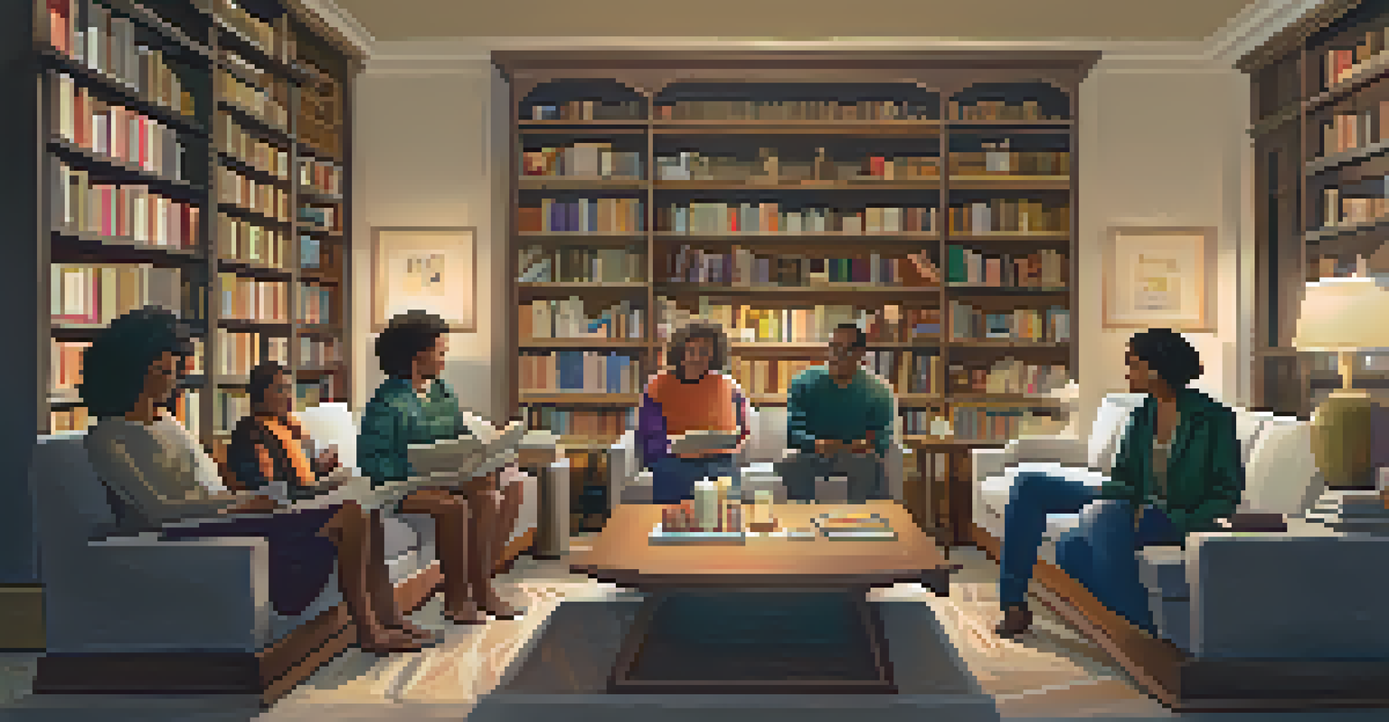 A diverse group of people sitting in a circle in a cozy living room, engaged in a book club discussion.
