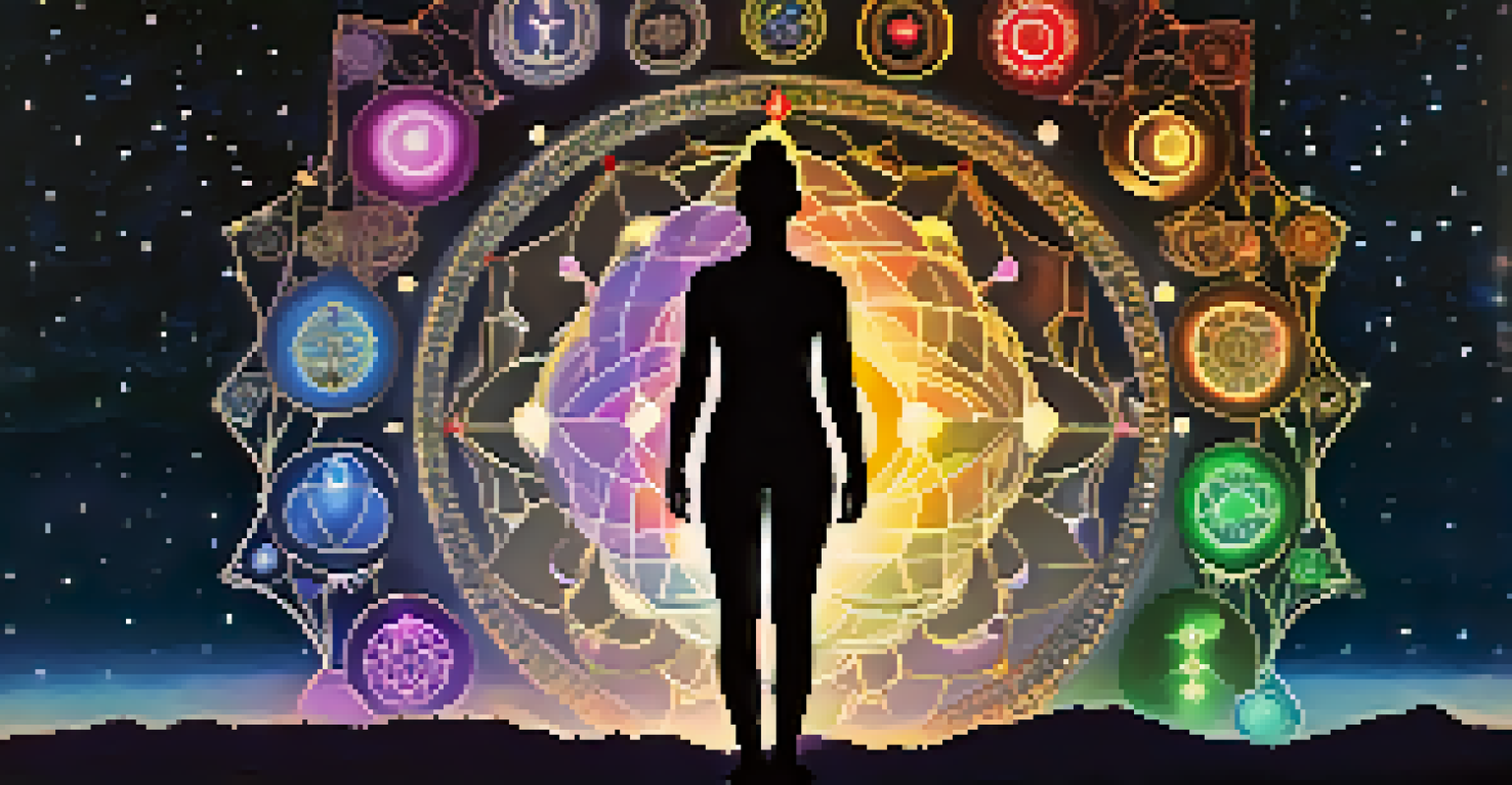 A human silhouette with aligned chakras glowing softly against a starry night sky, each chakra represented with its color and symbol.