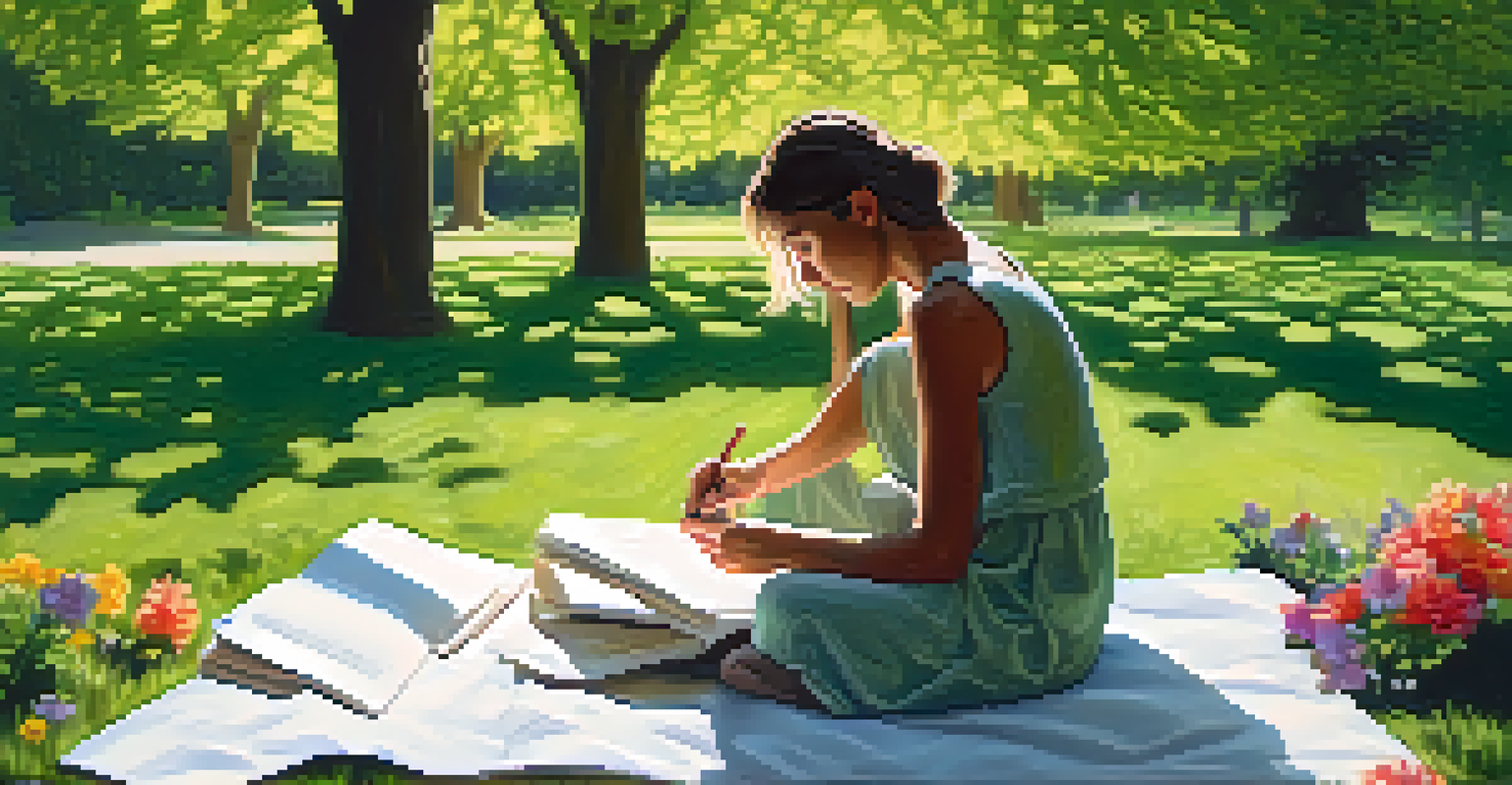 A person journaling outdoors on a blanket in a park, surrounded by trees and flowers.