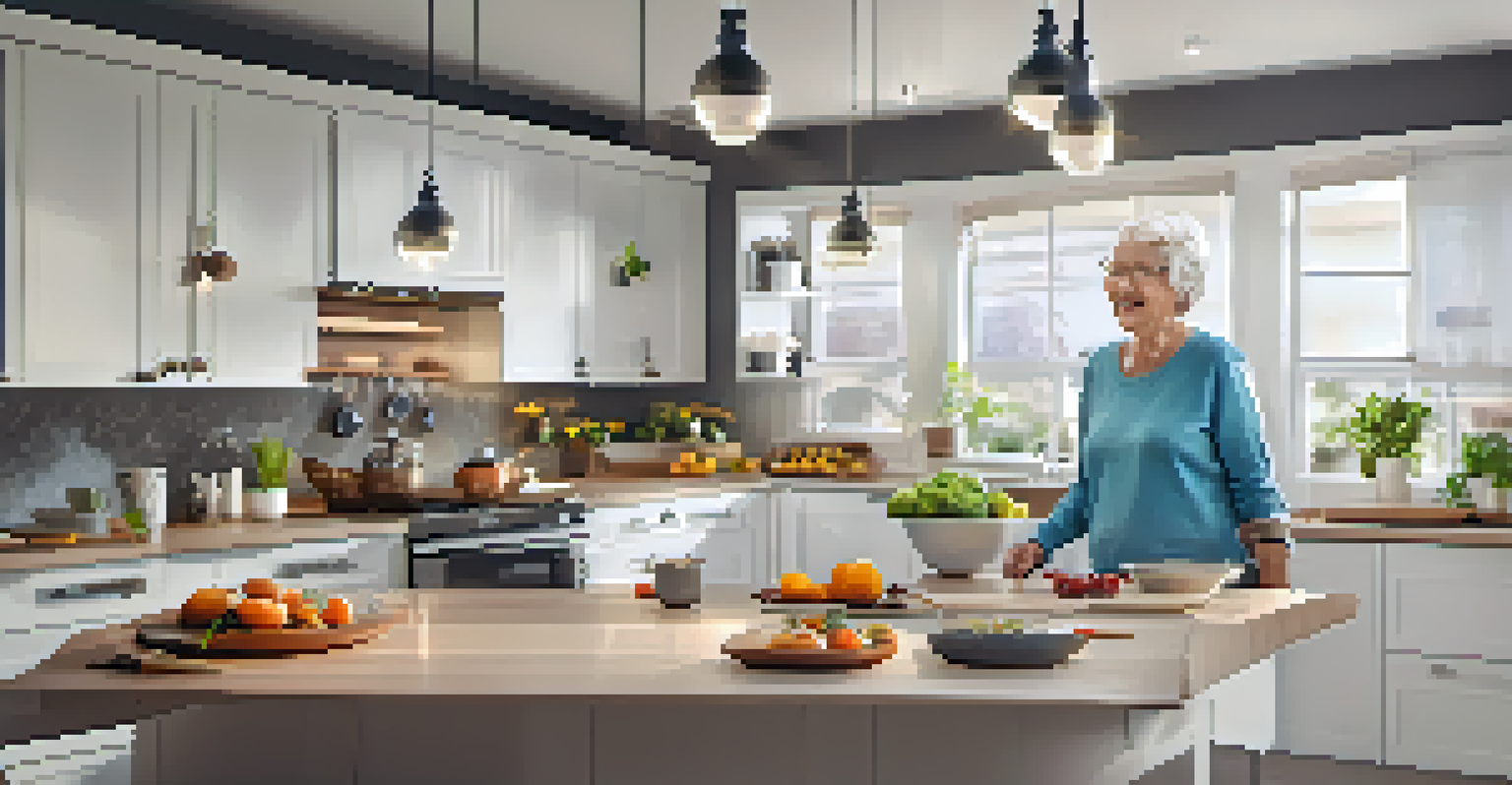 An elderly woman cooking in a modern kitchen filled with smart home devices, using voice commands with a smile, showcasing a user-friendly environment.