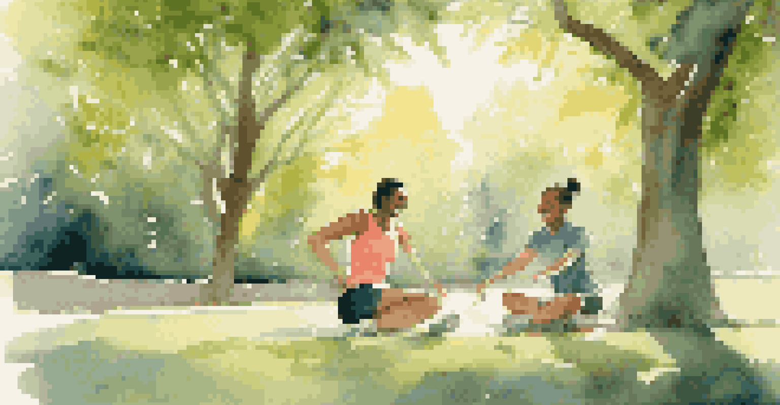 Two friends exercising in a park, one encouraging the other, surrounded by greenery and sunlight.