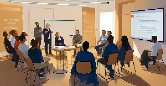 A group of professionals in a training room, actively engaged in a discussion about Crisis Intervention Training, with a whiteboard in the background.