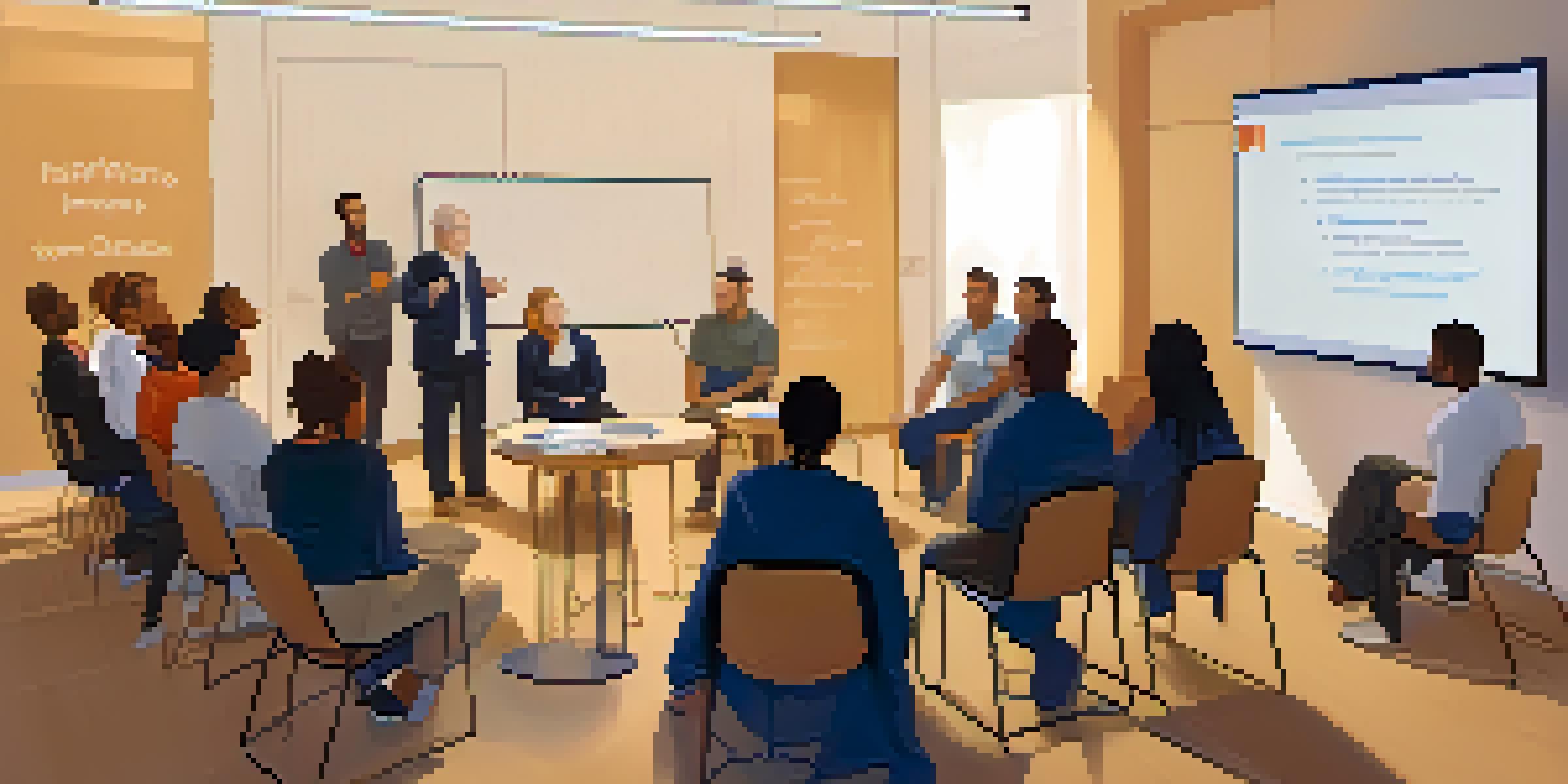 A group of professionals in a training room, actively engaged in a discussion about Crisis Intervention Training, with a whiteboard in the background.