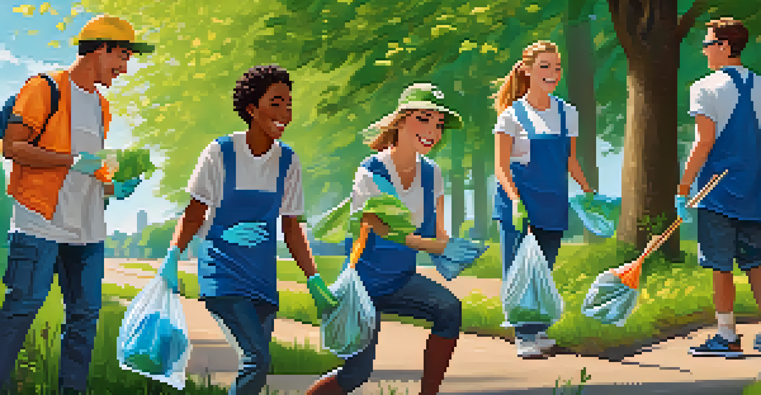 A group of friends smiling and laughing while participating in an outdoor environmental clean-up in a park, surrounded by greenery and a bright blue sky.