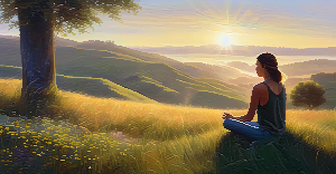 A person meditating on a grassy hill at sunrise, surrounded by wildflowers and illuminated by warm sunlight.
