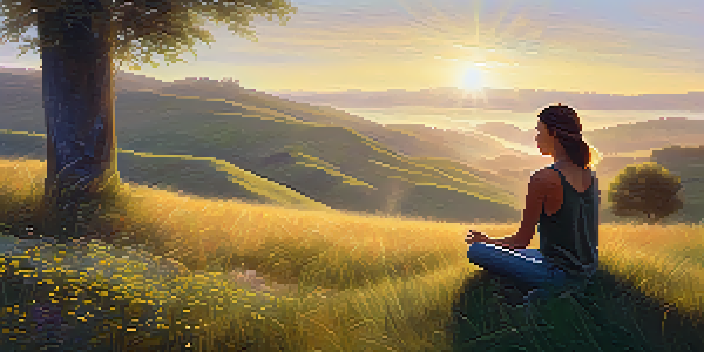 A person meditating on a grassy hill at sunrise, surrounded by wildflowers and illuminated by warm sunlight.
