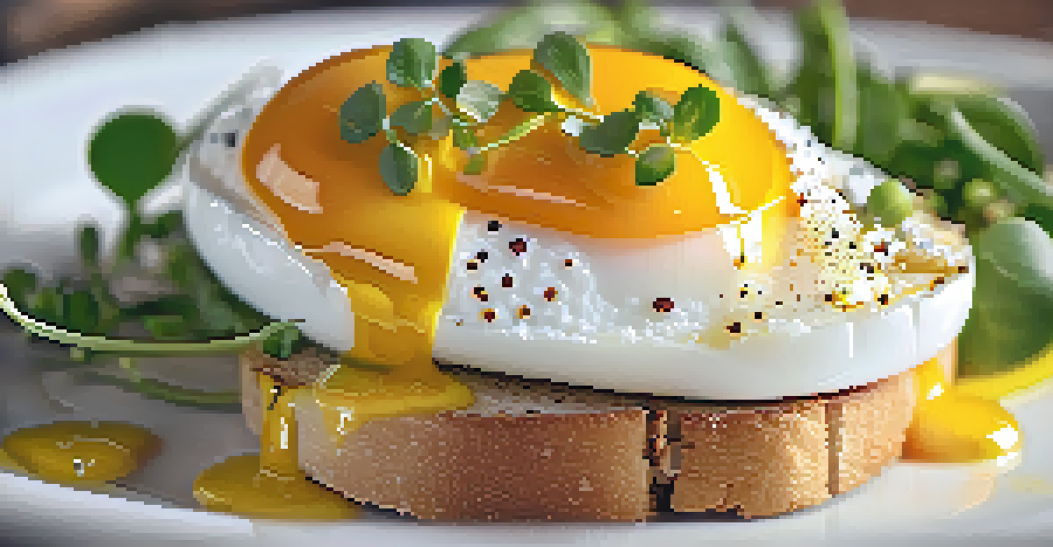A close-up of a poached egg on toast with avocado and microgreens, showcasing its runny yolk and vibrant colors.