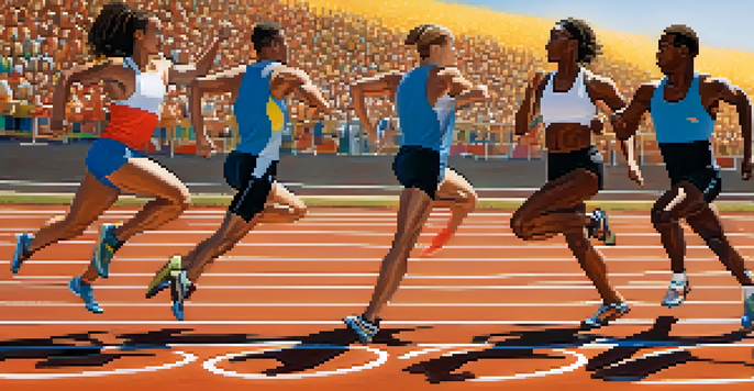A diverse group of athletes training on a sunny outdoor track, highlighting different body types and genetic traits.