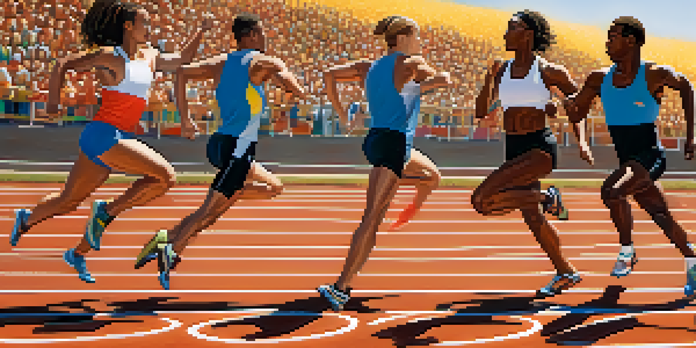 A diverse group of athletes training on a sunny outdoor track, highlighting different body types and genetic traits.