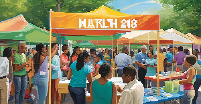 A lively health fair with diverse individuals participating in health screenings and educational activities under bright sunlight.