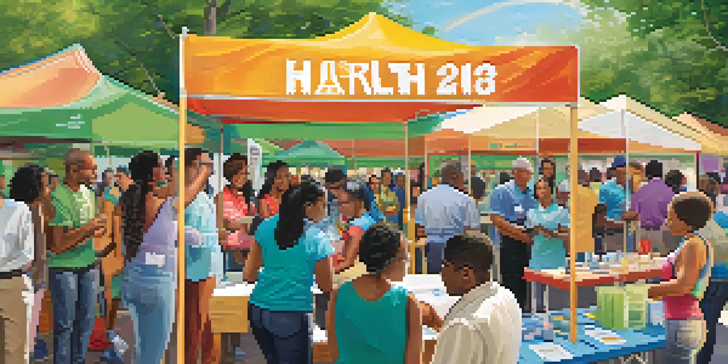 A lively health fair with diverse individuals participating in health screenings and educational activities under bright sunlight.