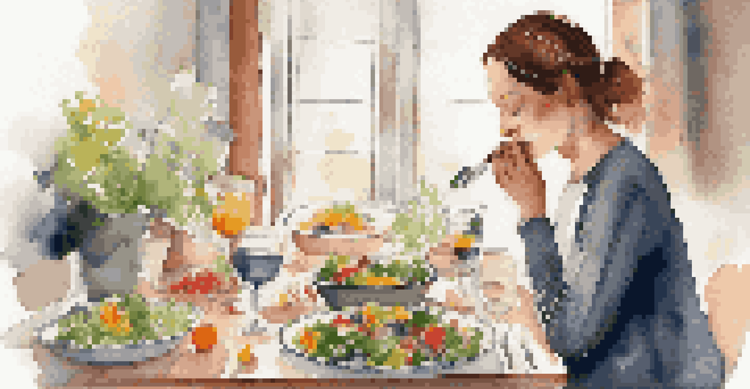 A person enjoying a colorful salad while practicing mindful eating, with a serene expression in a bright dining setting.