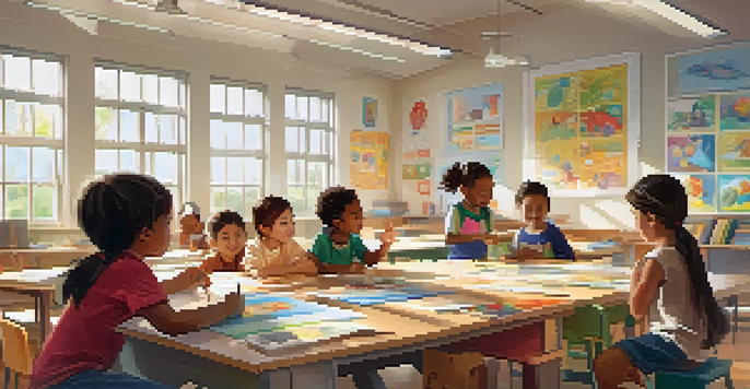 A classroom with children working together on a project, showcasing diversity and collaboration.