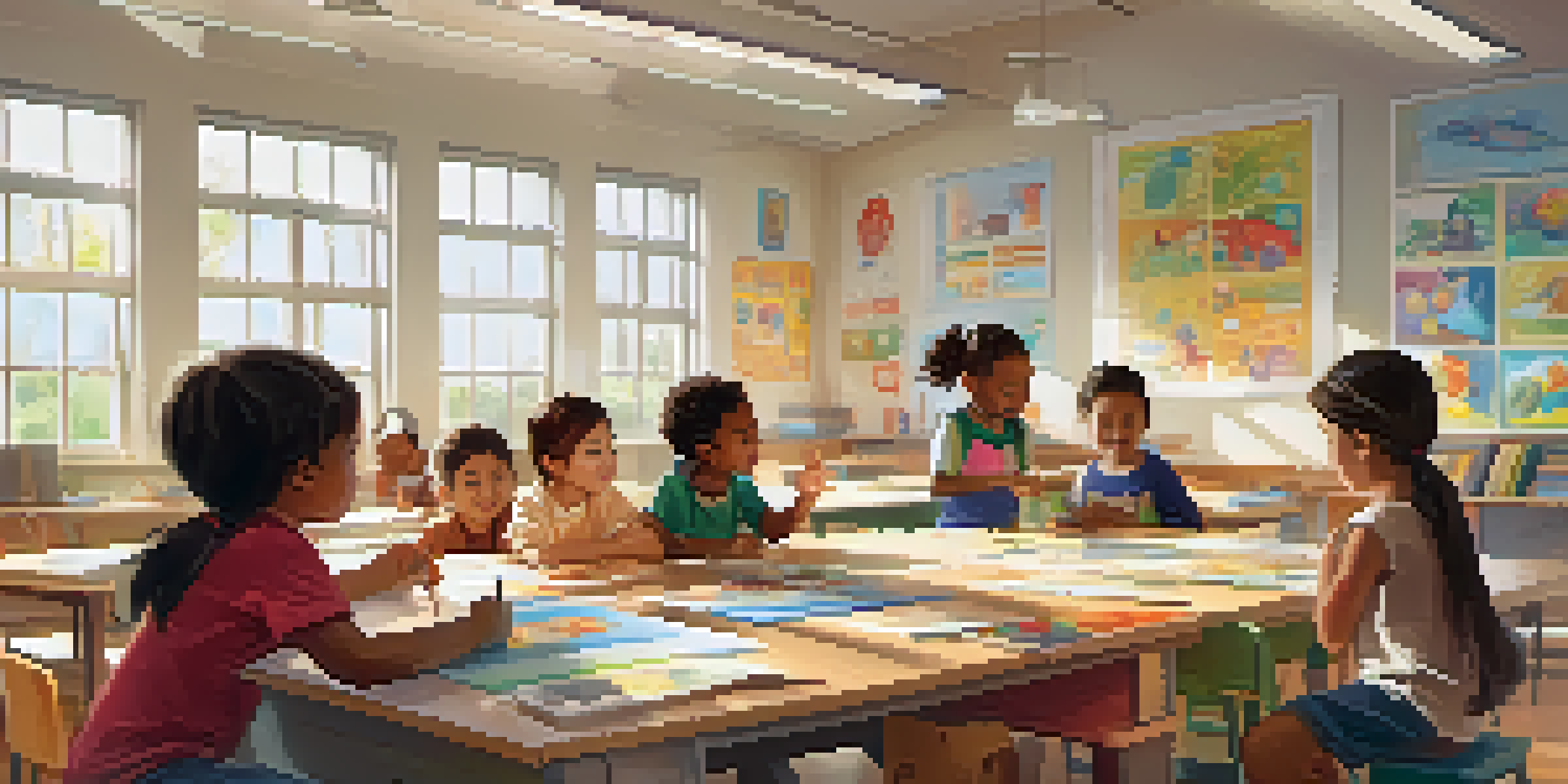 A classroom with children working together on a project, showcasing diversity and collaboration.