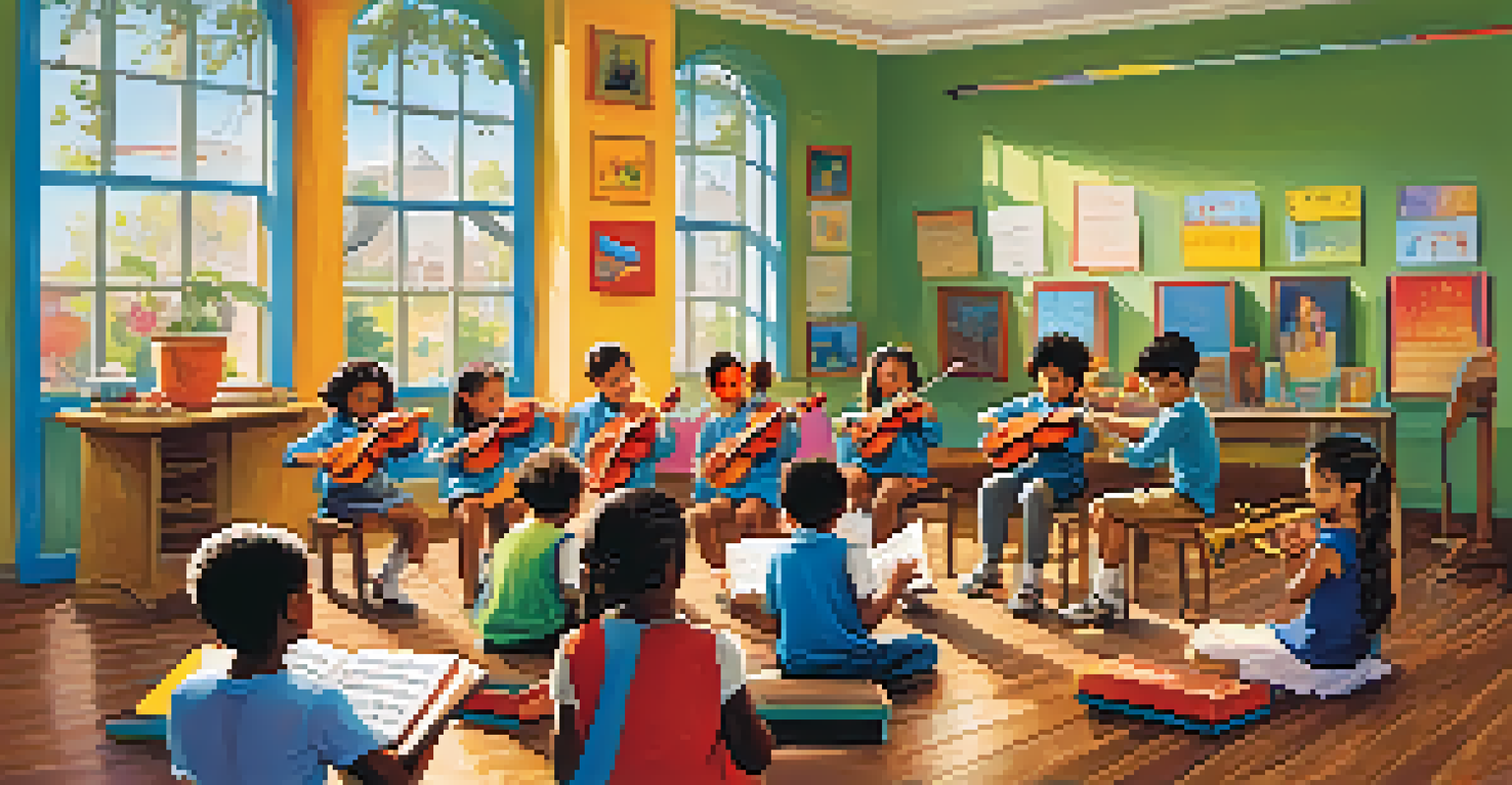 Children playing musical instruments in a colorful classroom, engaged in learning and creativity.