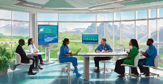 A diverse group of healthcare professionals discussing vaccination strategies in a modern clinic, with charts about climate change.