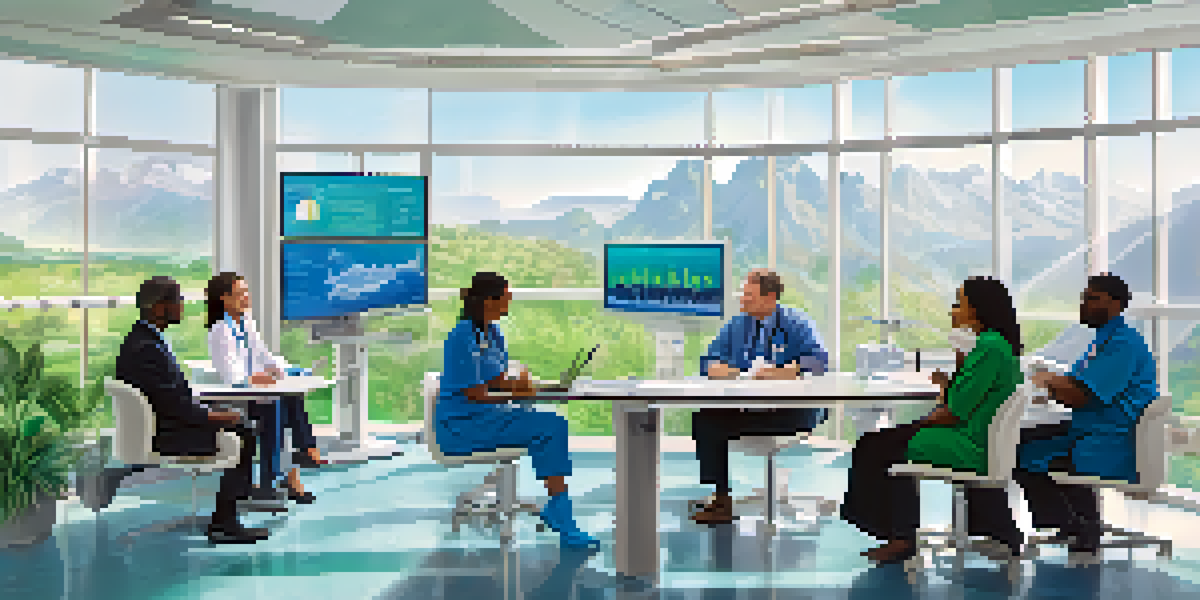 A diverse group of healthcare professionals discussing vaccination strategies in a modern clinic, with charts about climate change.