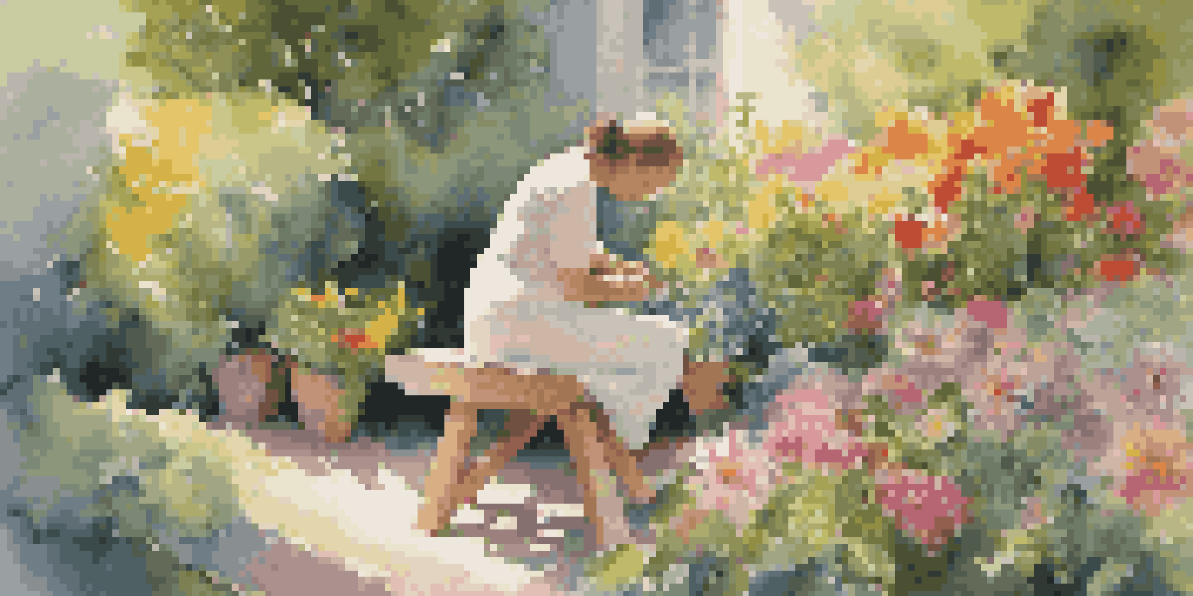 A woman painting in a sunny garden surrounded by colorful flowers, with soft sunlight casting shadows.