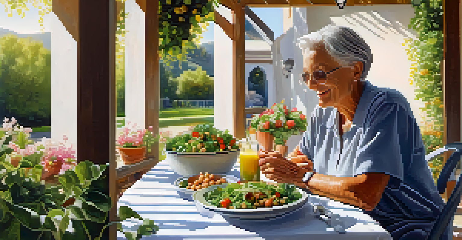 An elderly person enjoying a healthy meal rich in Vitamin B6 outdoors, with a salad and fresh juice on a sunlit patio surrounded by flowers.