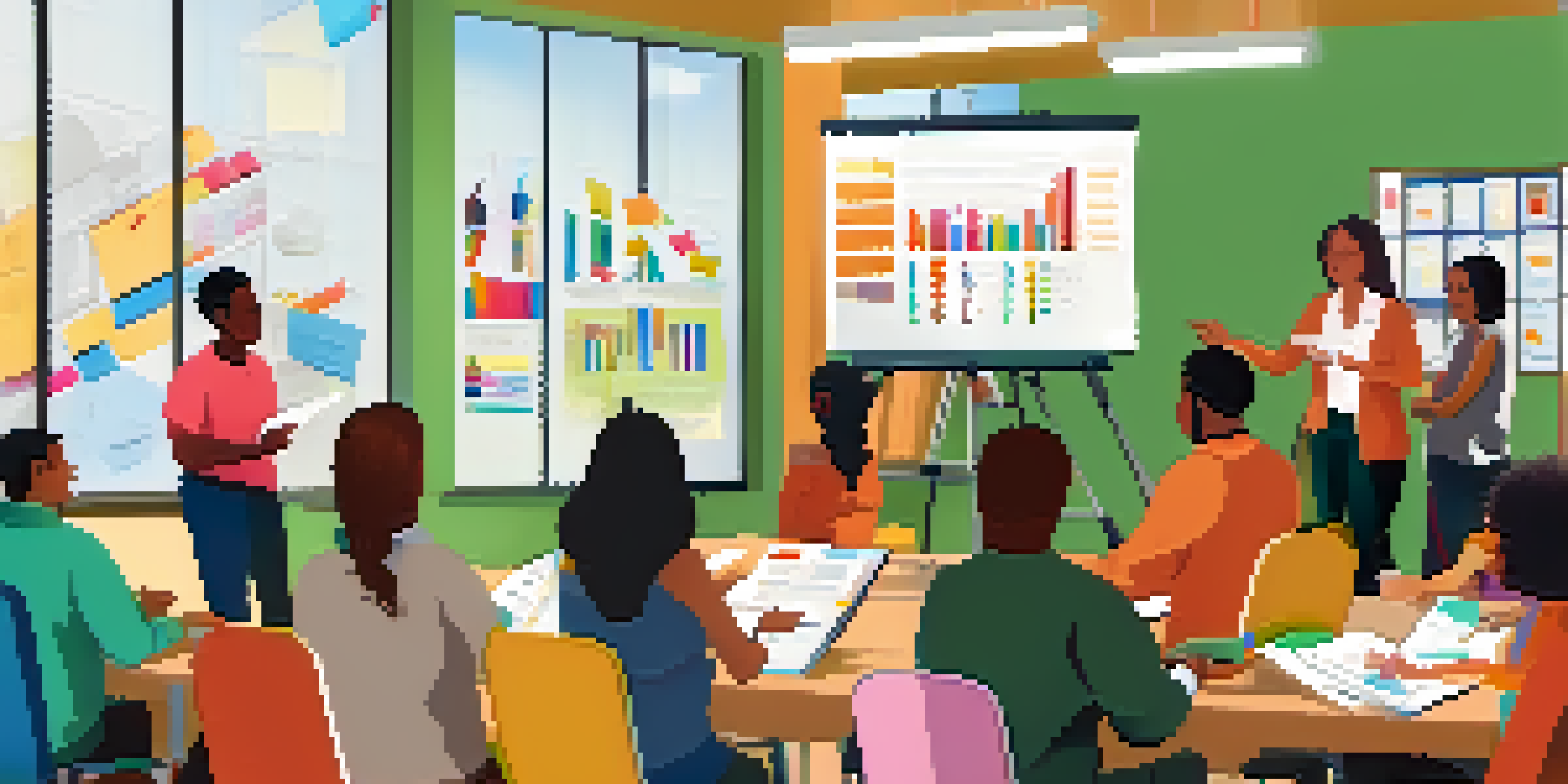 A diverse group of individuals attending a financial literacy workshop in a bright room, with a facilitator presenting information on budgeting and saving.