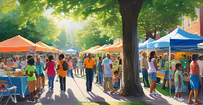 A lively community health fair with families at booths, colorful banners, and sunlight filtering through trees.