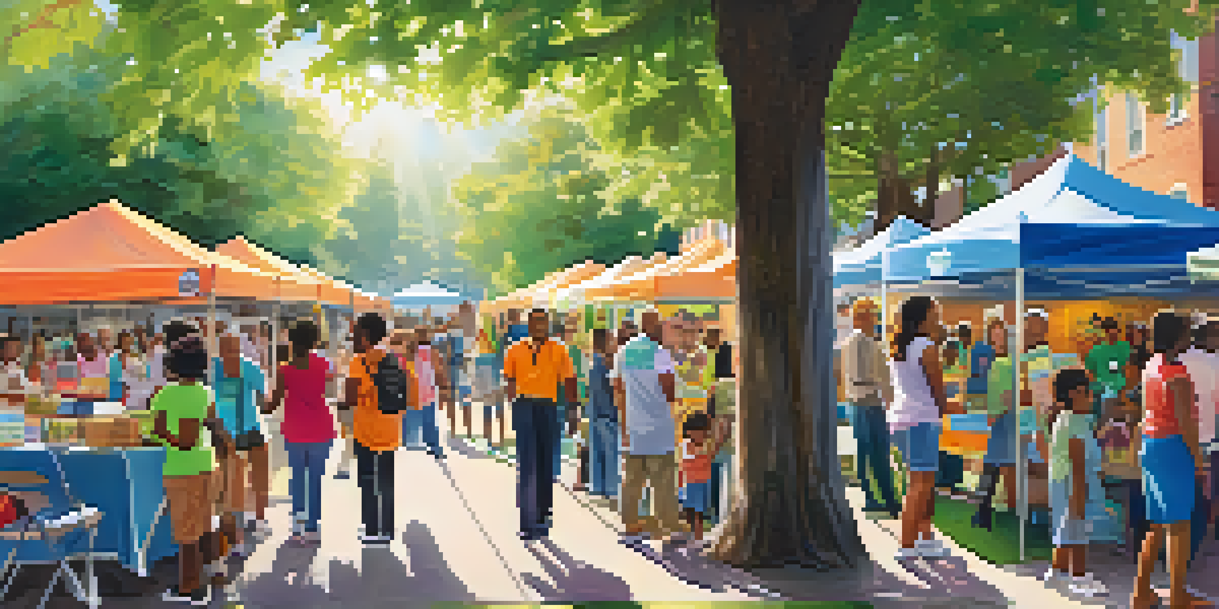 A lively community health fair with families at booths, colorful banners, and sunlight filtering through trees.