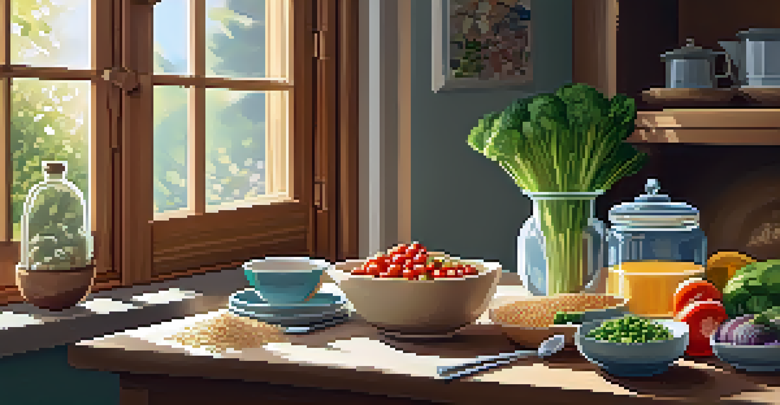 A cozy kitchen nook with a table set for a meal, showcasing whole grains and colorful vegetables in sunlight.