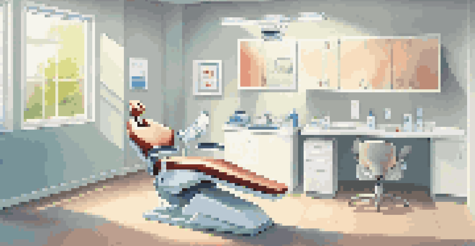 The interior of a bright dental clinic featuring a dental chair and tools, with a poster about dental checkups on the wall.