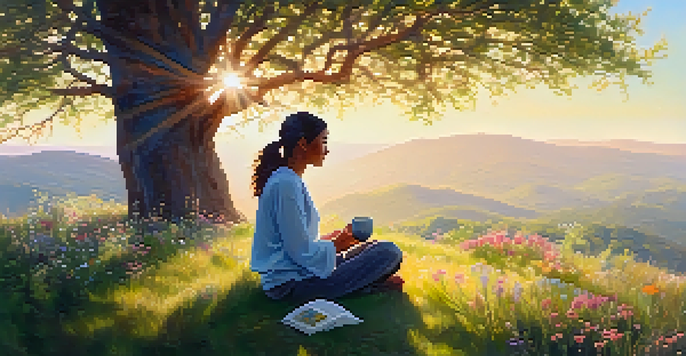 A person meditating on a grassy hilltop, holding a cup of tea with steam rising, surrounded by wildflowers and sunlight filtering through trees.