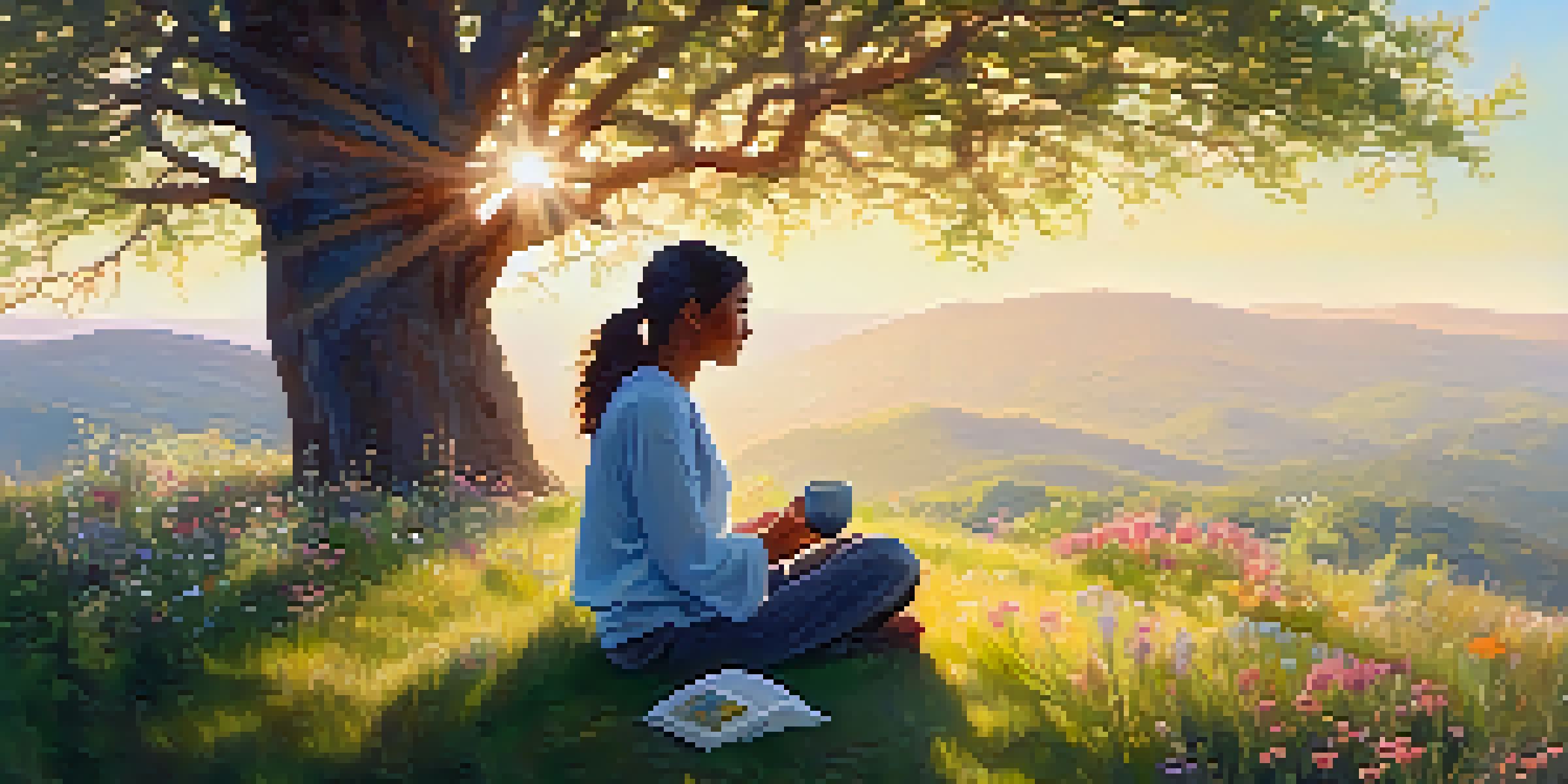 A person meditating on a grassy hilltop, holding a cup of tea with steam rising, surrounded by wildflowers and sunlight filtering through trees.