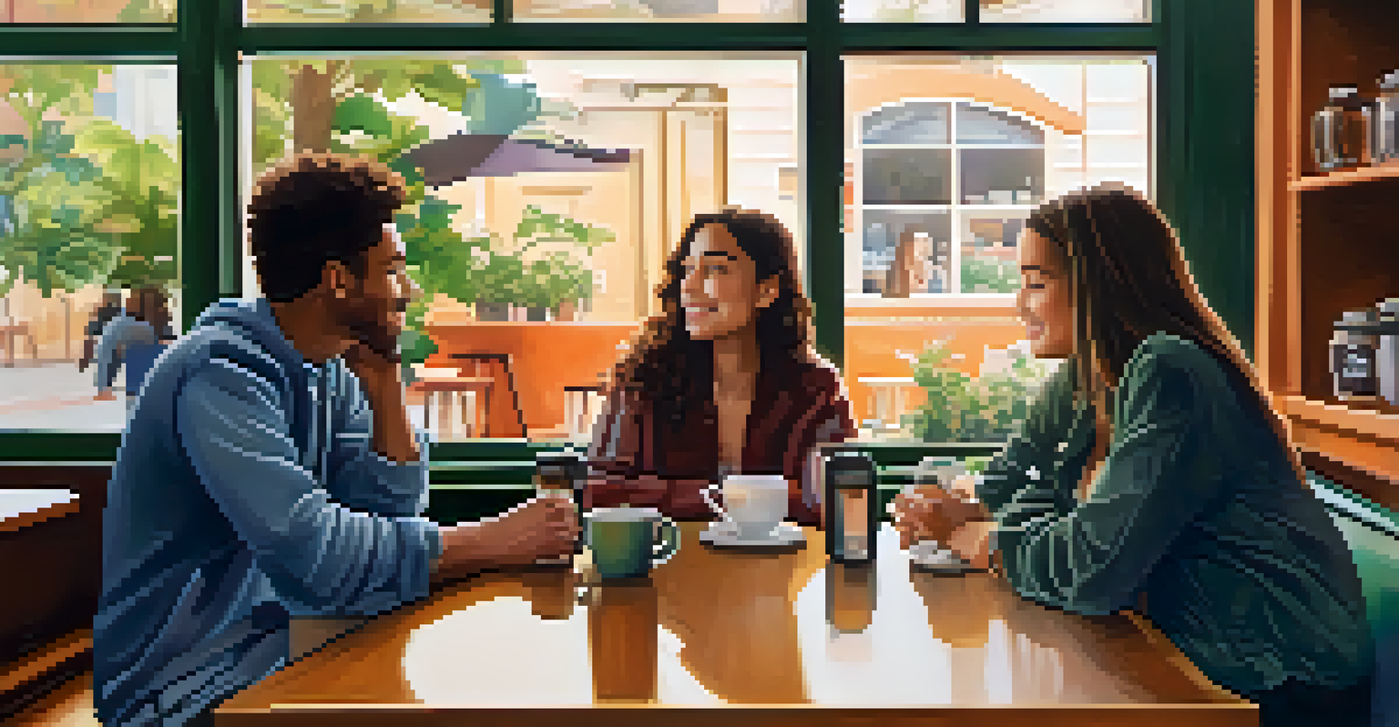 A group of friends in a cozy cafe sharing personal stories about mental health, surrounded by a warm and inviting environment.