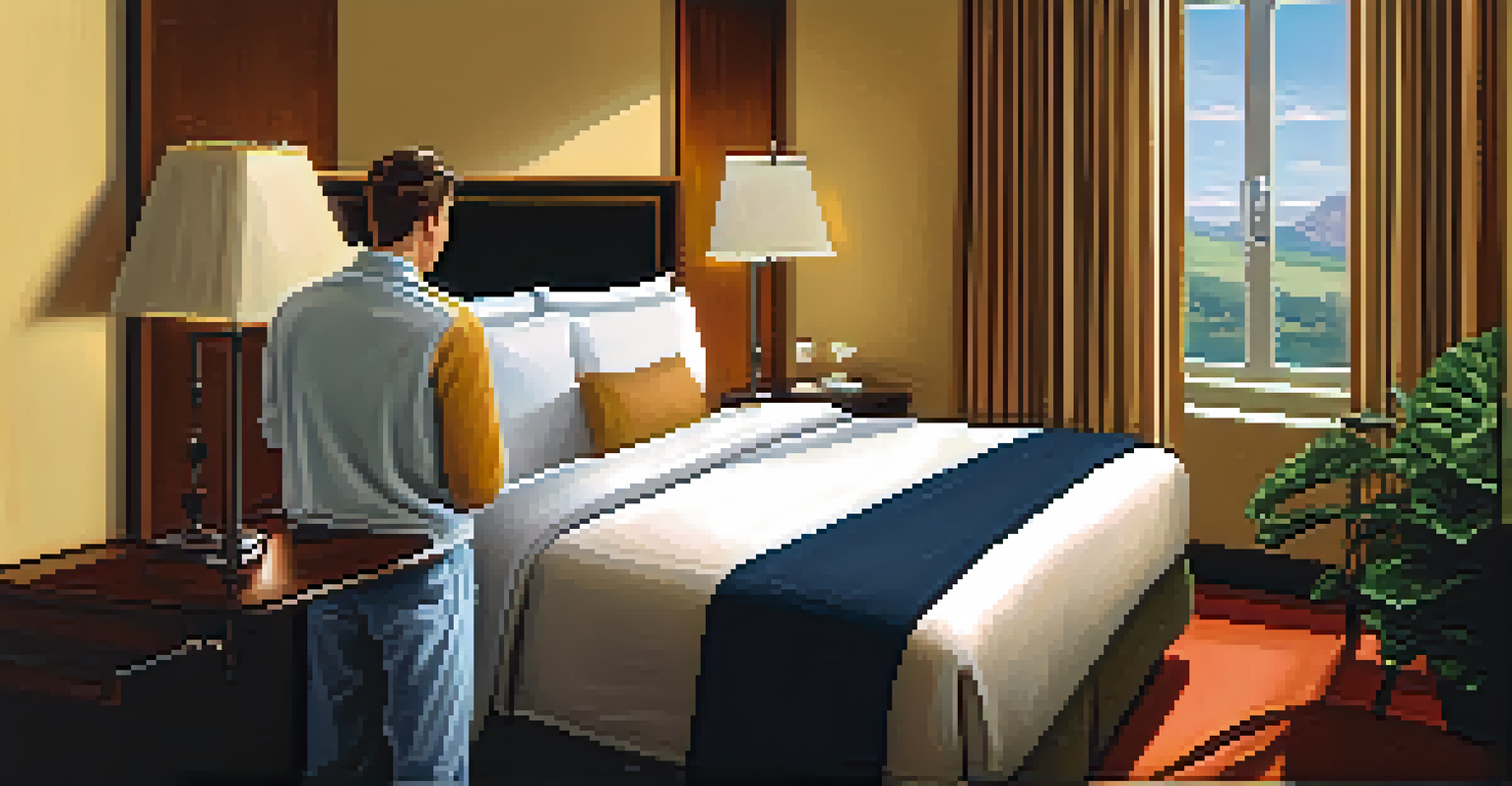 A traveler inspecting a hotel room for pests, with bright decor and a warm atmosphere.