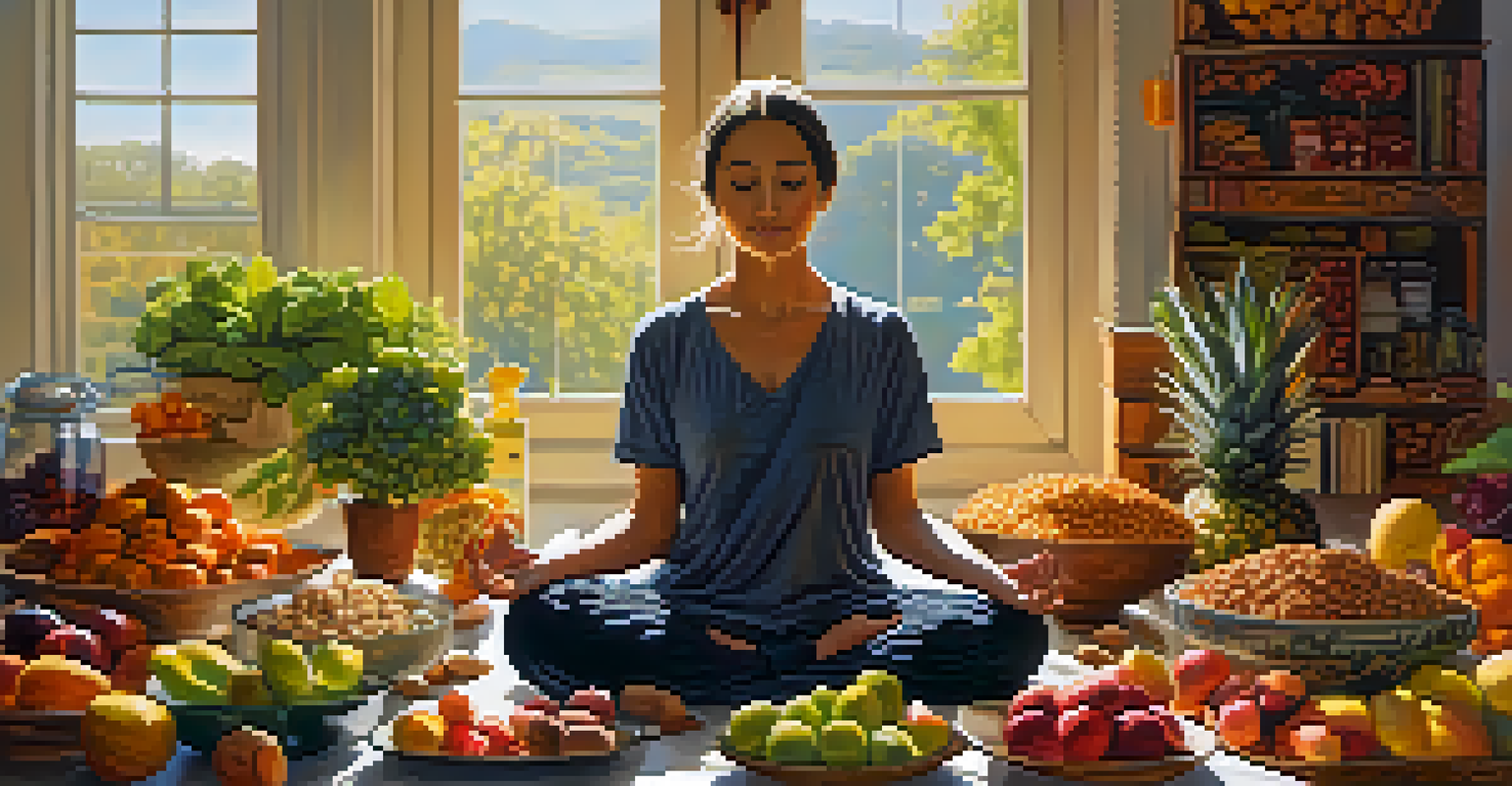 A person meditating in a sunlit room surrounded by nuts, seeds, and fruits, creating a peaceful atmosphere.