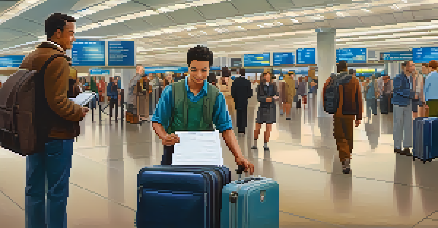 A traveler at an airport holding vaccination records and a suitcase, looking confident amid a bustling crowd.