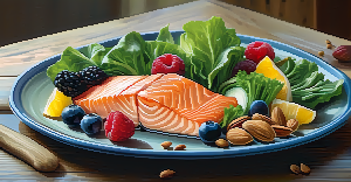 A colorful plate of whole foods including greens, berries, salmon, and nuts on a wooden table with natural light.