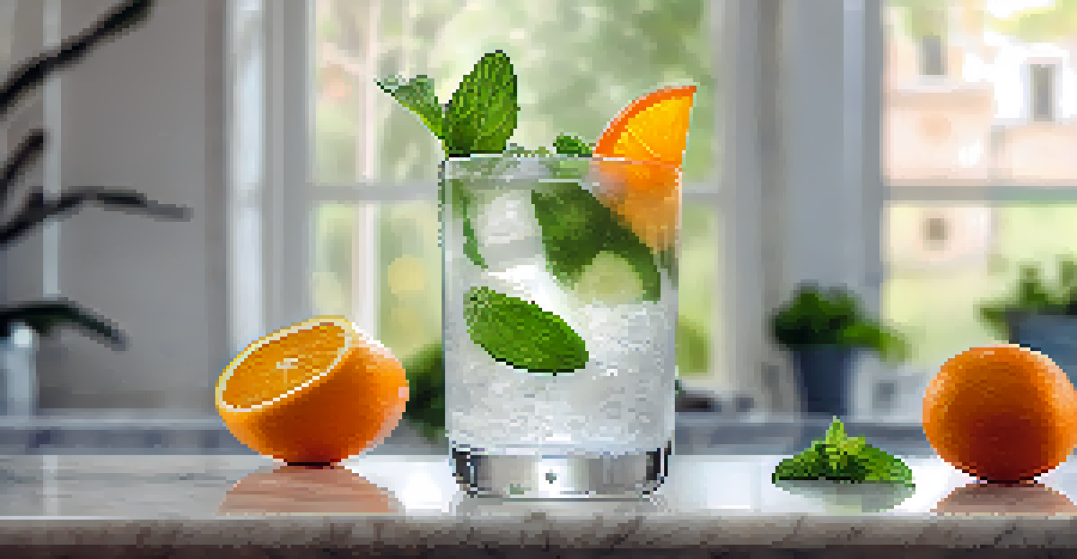 A close-up view of a glass of water infused with cucumber, orange, and mint, sitting on a marble countertop.