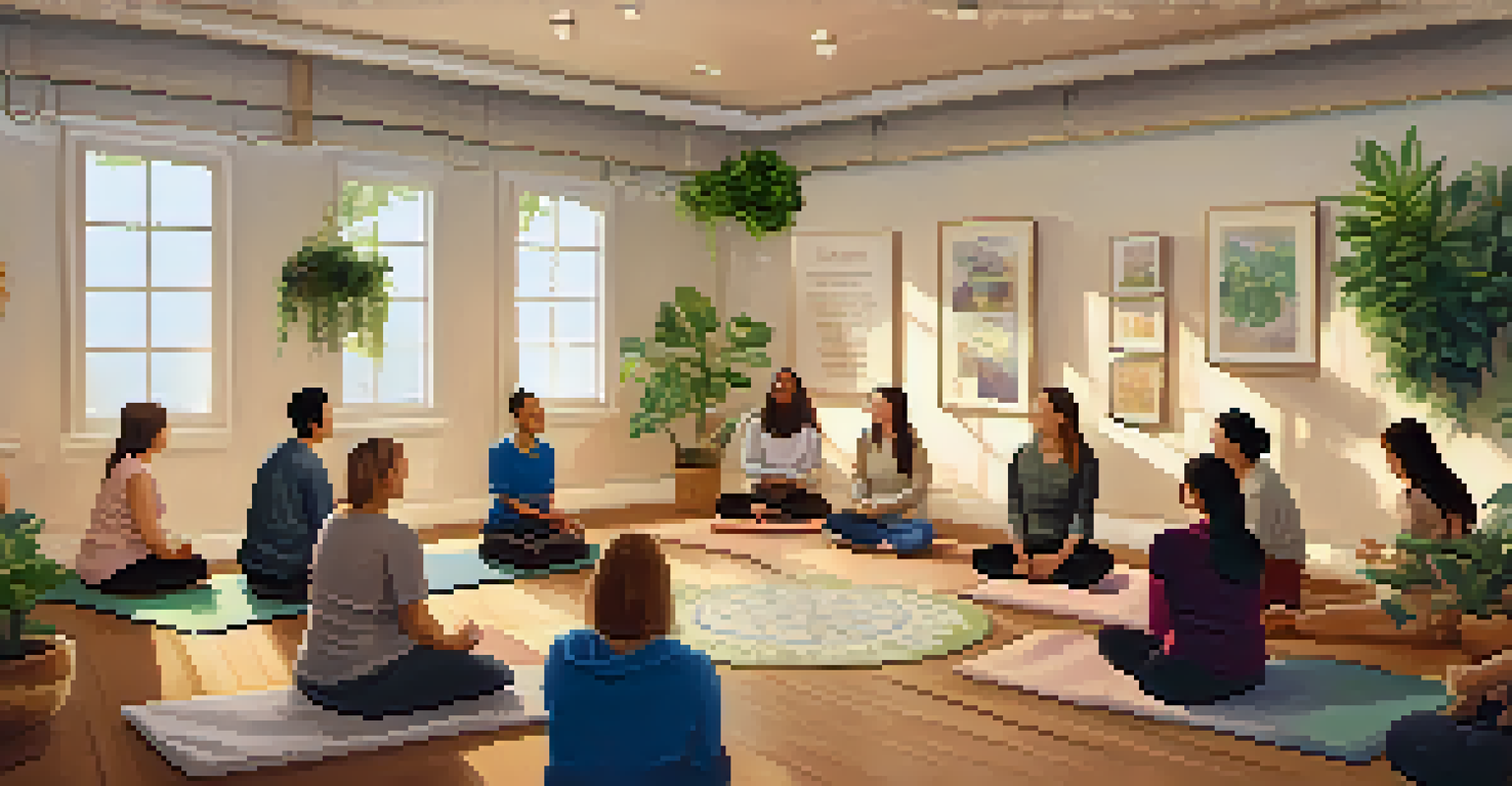 Participants seated in a circle, engaging in laughter yoga indoors with a cozy atmosphere filled with soft lighting and plants.