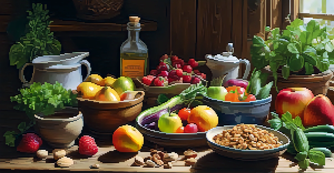 A colorful vegan meal with fruits, vegetables, grains, and nuts on a wooden table, illuminated by warm sunlight.