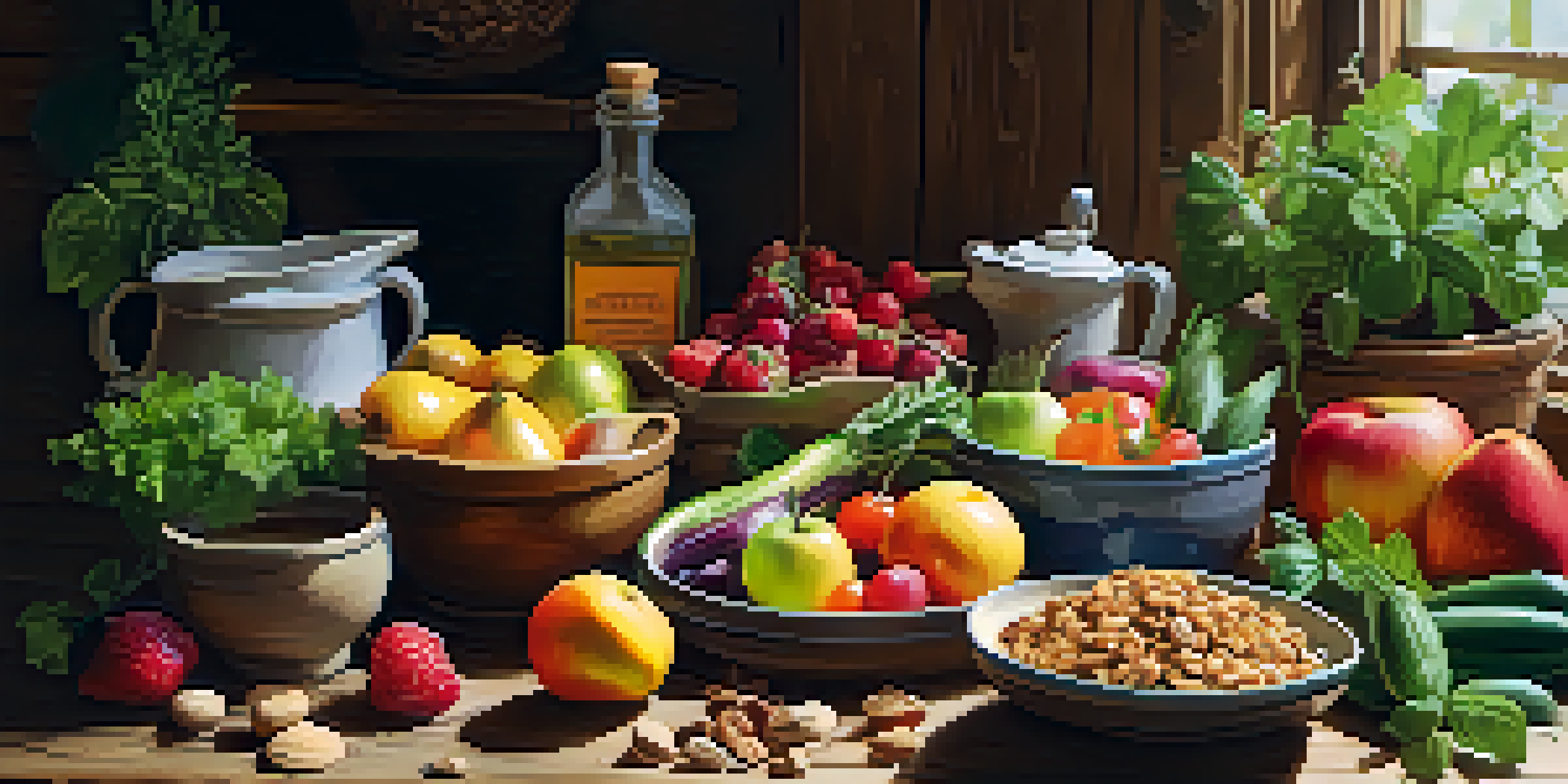 A colorful vegan meal with fruits, vegetables, grains, and nuts on a wooden table, illuminated by warm sunlight.