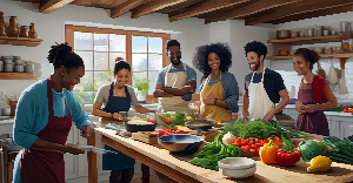 A group of diverse individuals happily participating in a cooking class in a well-lit kitchen with fresh ingredients on a large table.