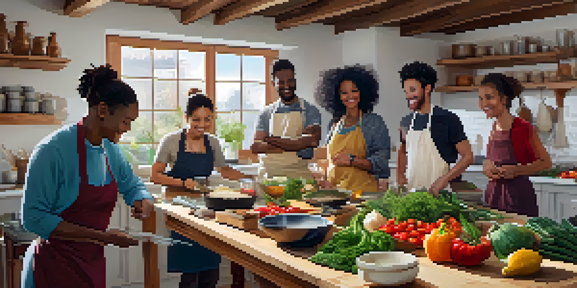 A group of diverse individuals happily participating in a cooking class in a well-lit kitchen with fresh ingredients on a large table.