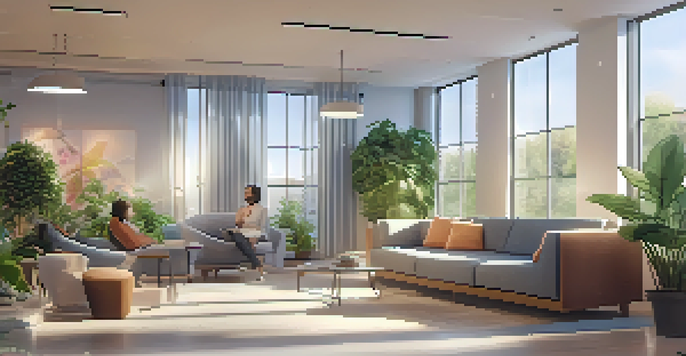 A tranquil office environment with employees resting in a cozy lounge area, surrounded by plants and soft lighting.