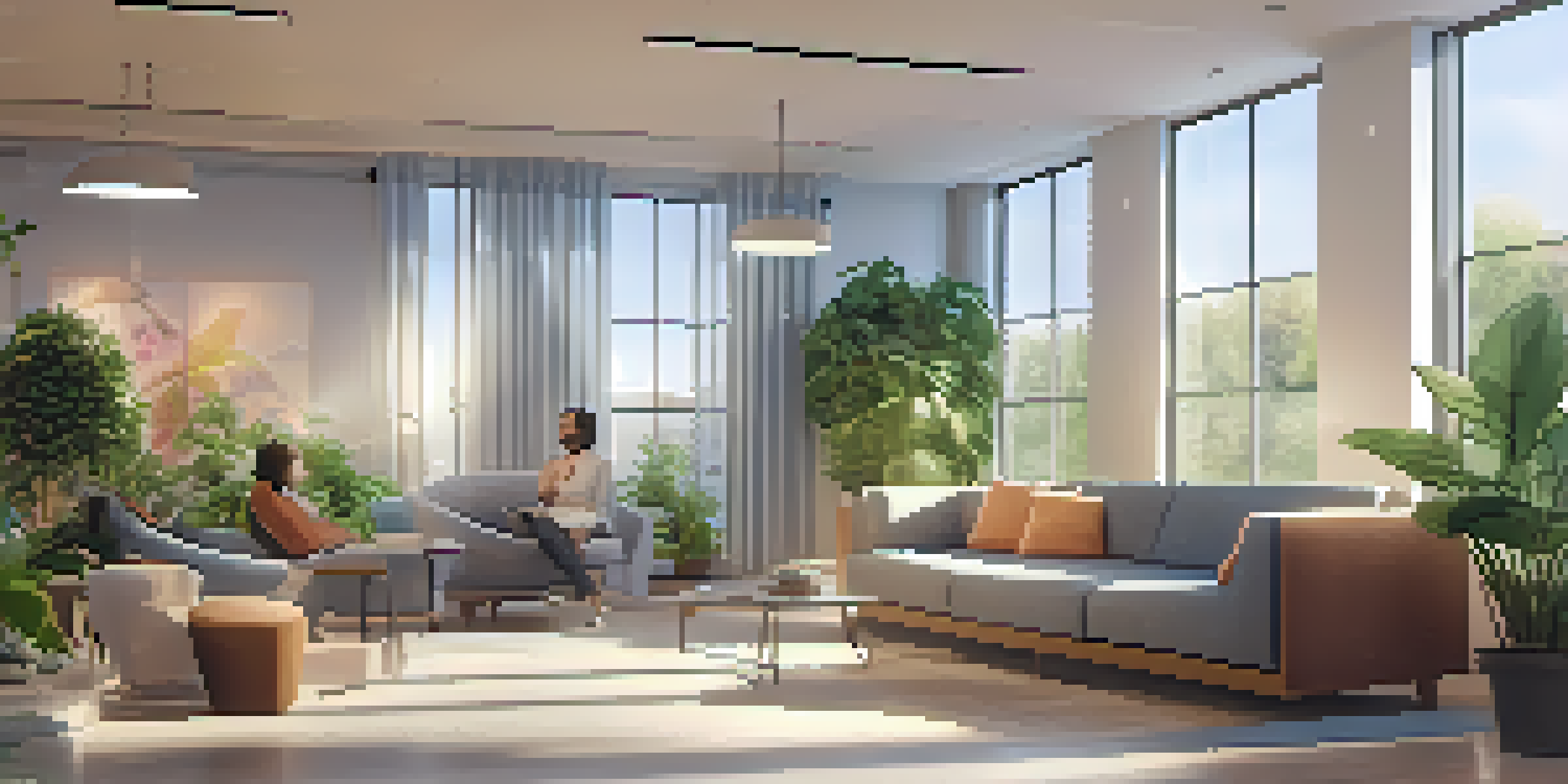 A tranquil office environment with employees resting in a cozy lounge area, surrounded by plants and soft lighting.