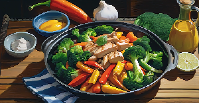 A colorful vegetable stir-fry with bell peppers, broccoli, and carrots in a pan, accompanied by grilled chicken pieces on a wooden table.