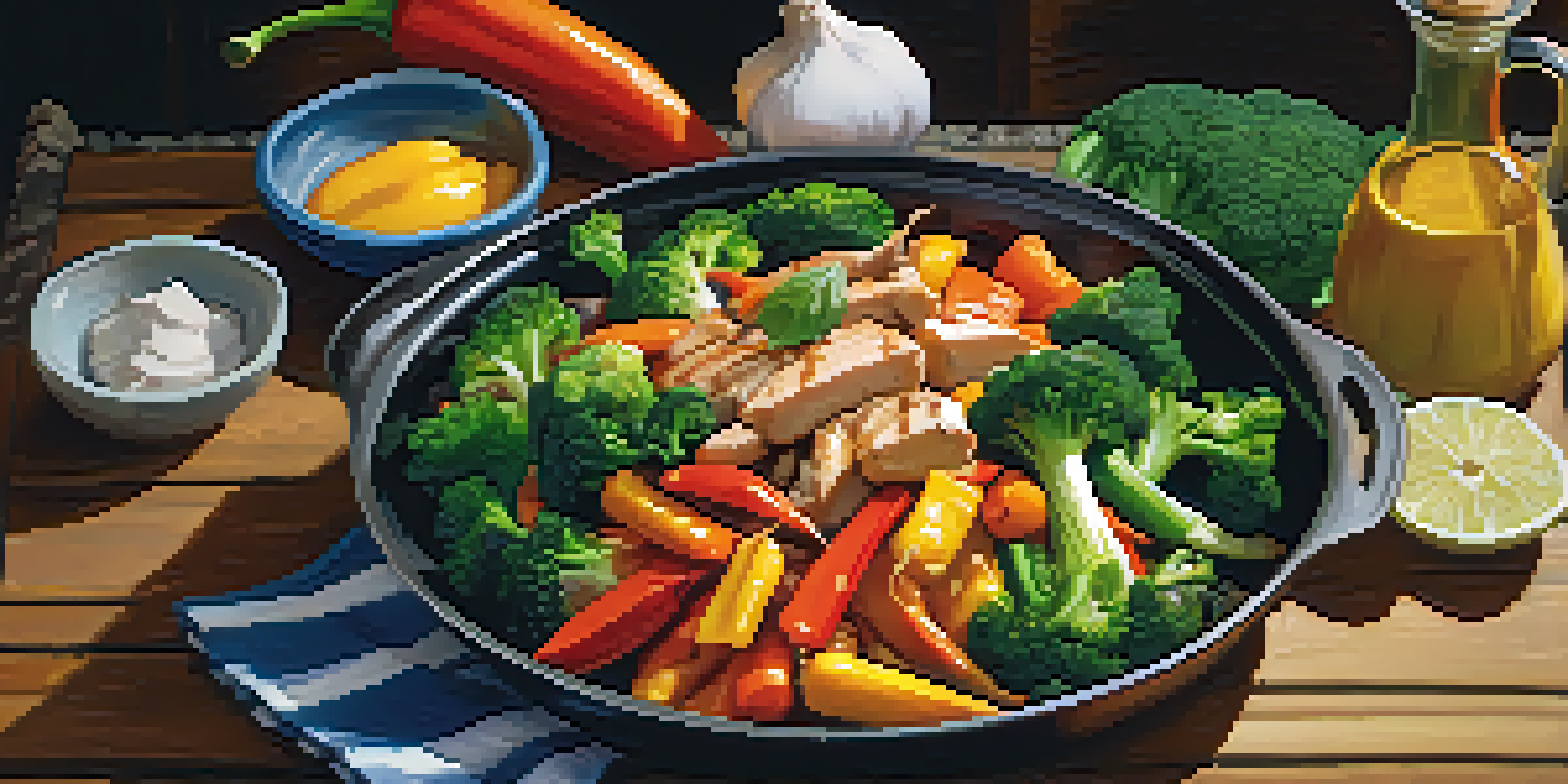 A colorful vegetable stir-fry with bell peppers, broccoli, and carrots in a pan, accompanied by grilled chicken pieces on a wooden table.