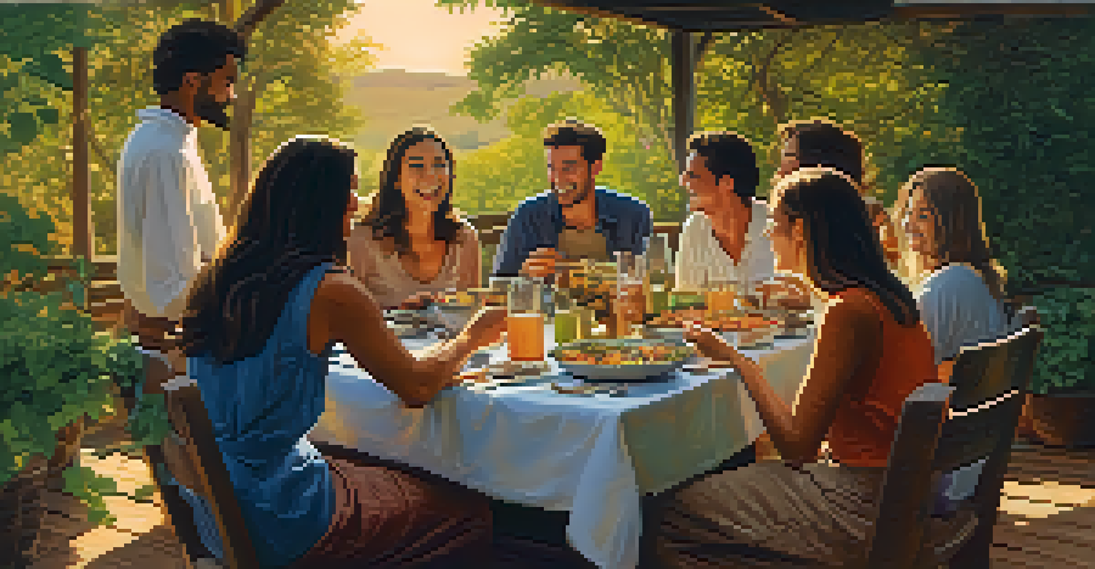 A group of friends sharing a meal at a rustic table, surrounded by greenery, with a warm sunset glow enhancing the atmosphere.